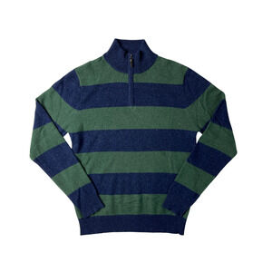 1-39 QI CASHMERE Men's Sweater Zip-Henley Blue/Green Striped Medium